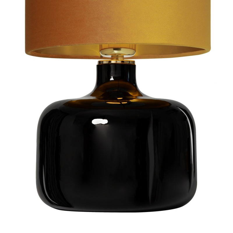 Lampa stołowa LORA ze złotym welurowym abażurem na czarnej postawie ze złotymi detalami KASPA