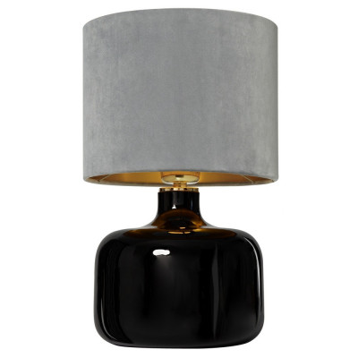 Lampa stołowa LORA z szarym welurowym abażurem na czarnej postawie ze złotymi detalami KASPA