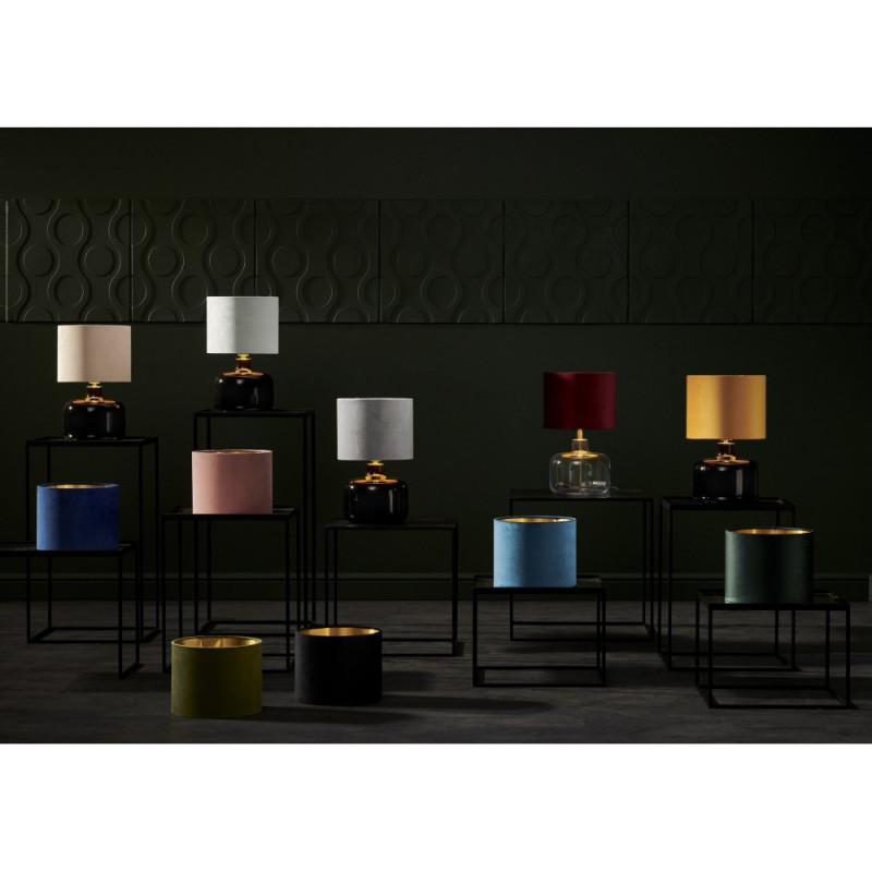 Table lamp LORA with a grey velor lampshade on a black base with golden details KASPA