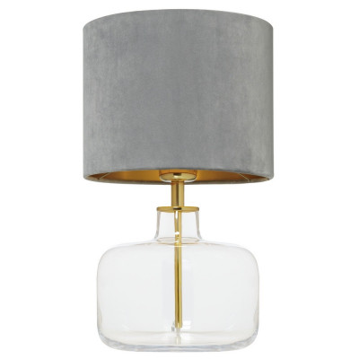 Table lamp LORA with a grey velor shade on a transparent base with golden details KASPA