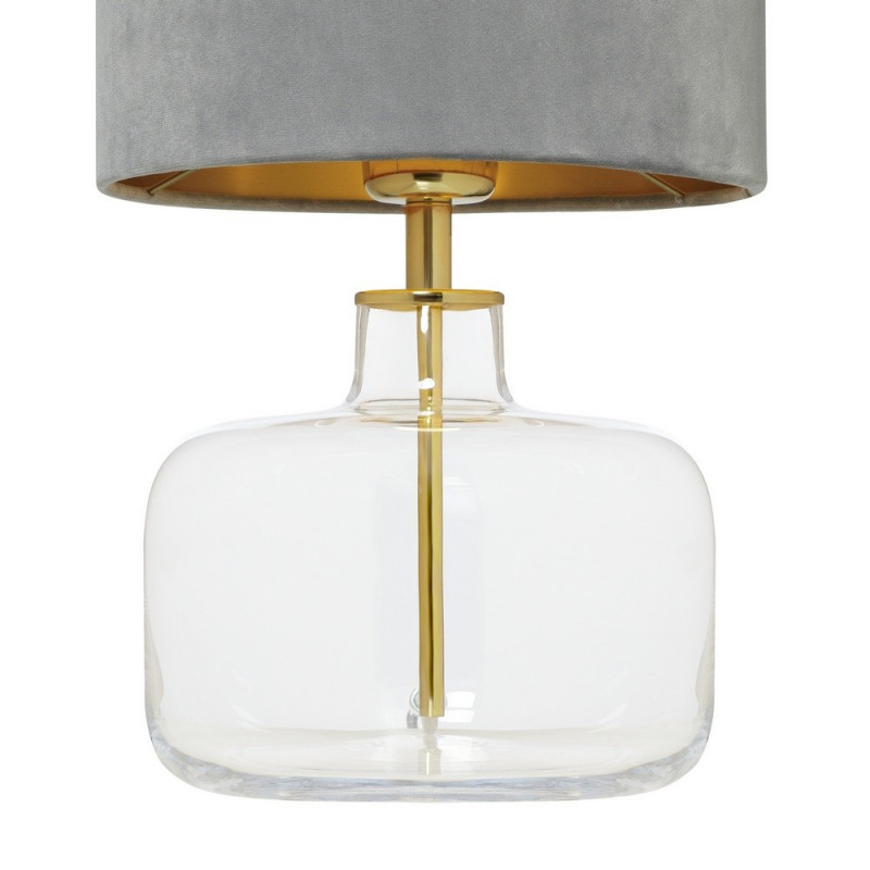 Lampa stołowa LORA z szarym welurowym abażurem na przezroczystej podstawie ze złotymi detalami KASPA