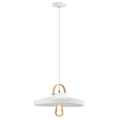 White pendant lamp NEXT WH in the shape of a saucer with a decorative element imitating wood Auhilon