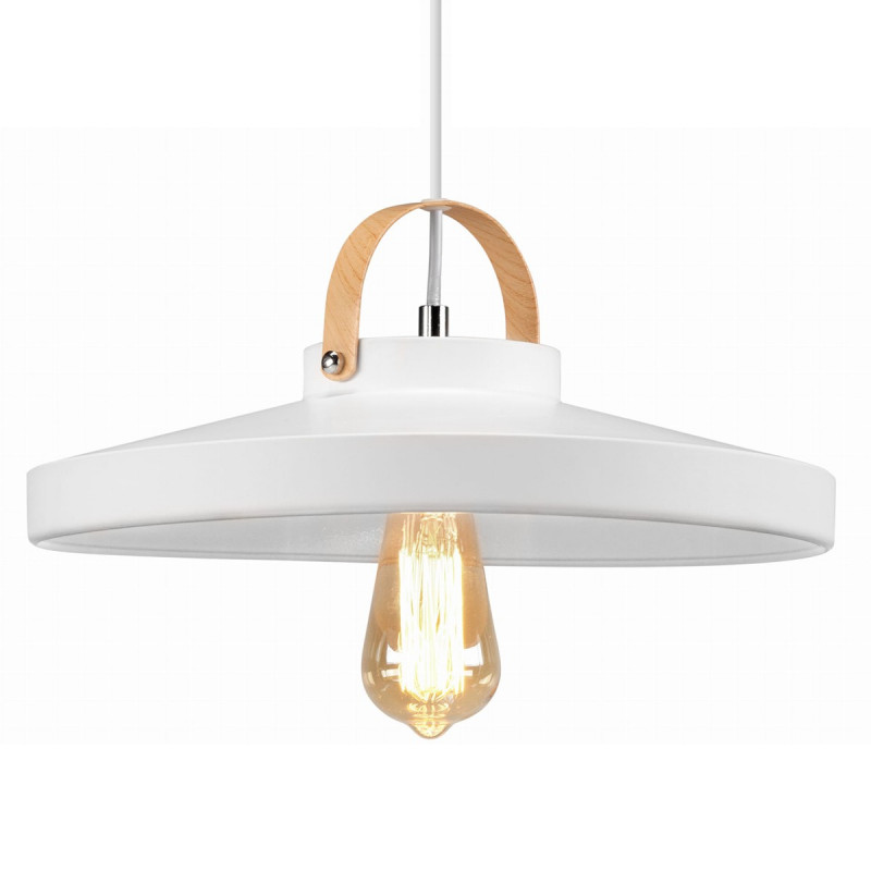 White pendant lamp NEXT WH in the shape of a saucer with a decorative element imitating wood Auhilon