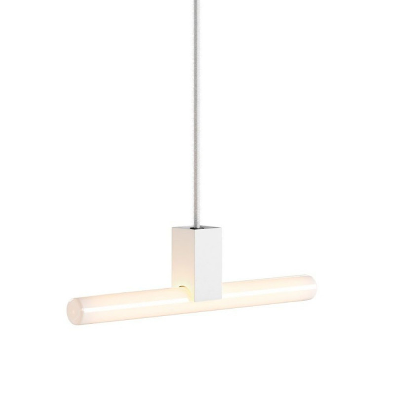 Biała lampa wisząca z oprawką S14d Syntax®  na kablu tekstylnym Creative-Cables