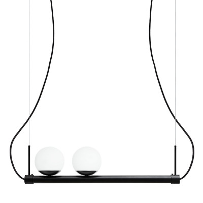 Lampa wisząca LIGNE na czarnym stelażu z taśmą LED i dwiema białymi kulami UMMO