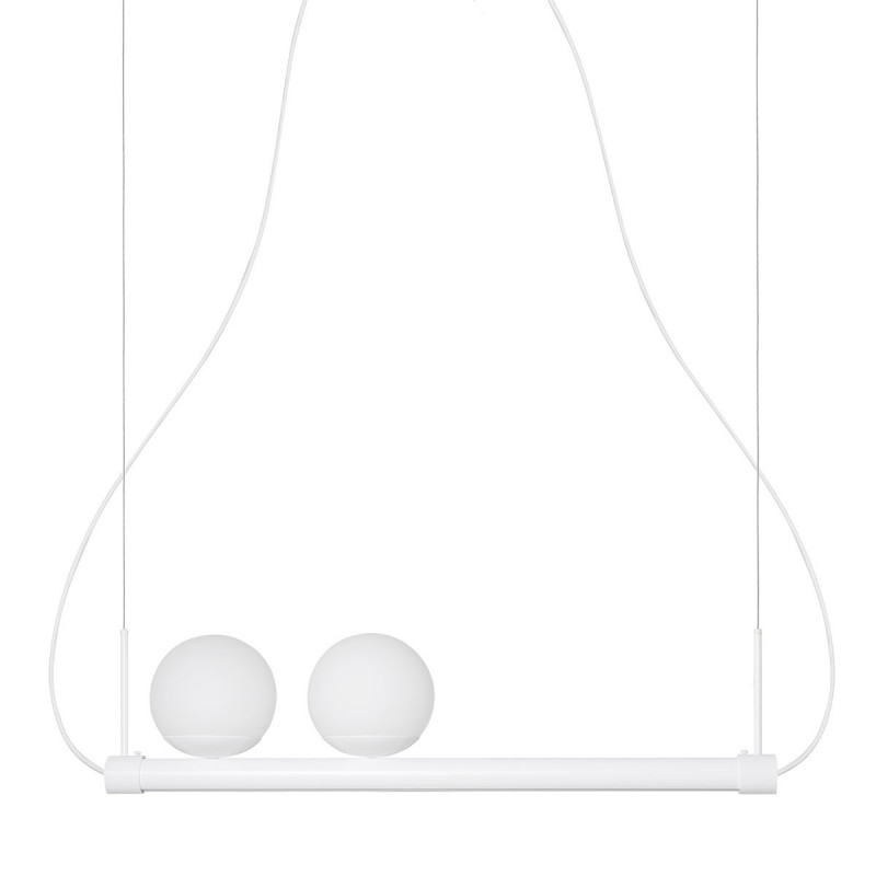 Lampa wisząca LIGNE na białym stelażu z taśmą LED i dwiema białymi kulami UMMO