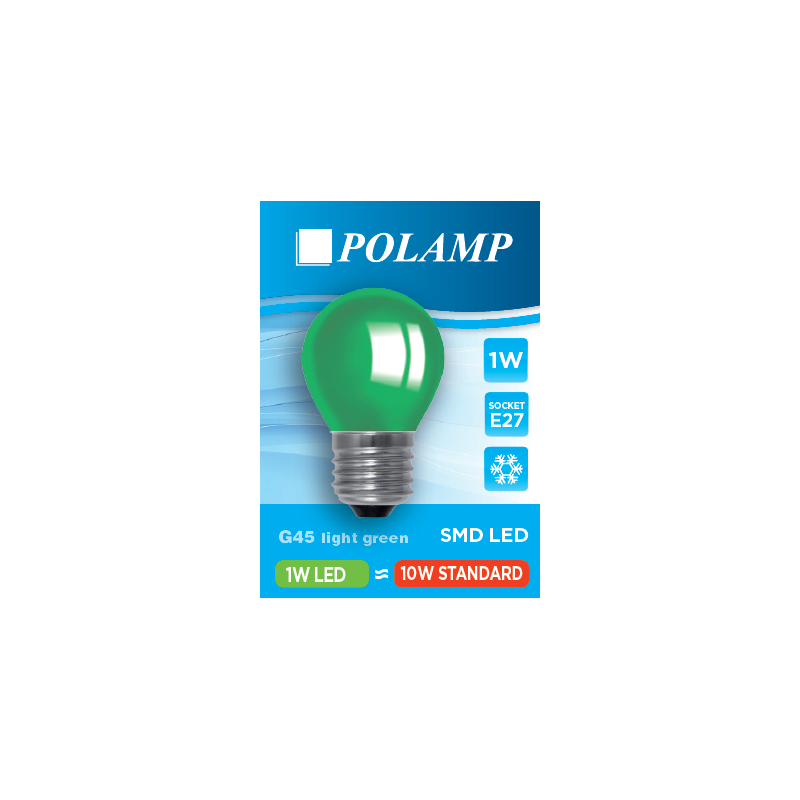 Green plastic festoon light bulb LED ball E27 G45 1W Polamp