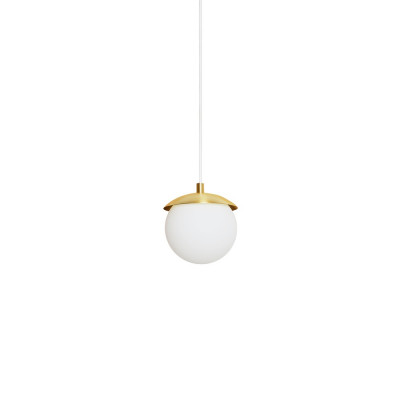 The KUUL F ceiling pendant lamp with brass detail and a white small glass ball UMMO