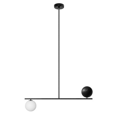 Lampa sufitowa Suguri D w rozmiarze XL czarna na rurce z drewnianą kulą i białym szklanym kloszem UMMO