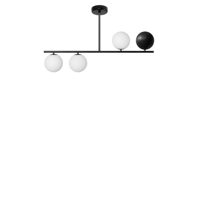 Lampa sufitowa Suguri B w rozmiarze S czarna na rurce z drewnianą kulą i białymi szklanymi kloszami UMMO