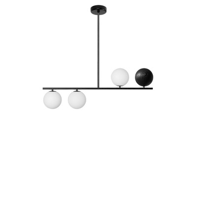 Lampa sufitowa Suguri B w rozmiarze M czarna na rurce z drewnianą kulą i białymi szklanymi kloszami UMMO