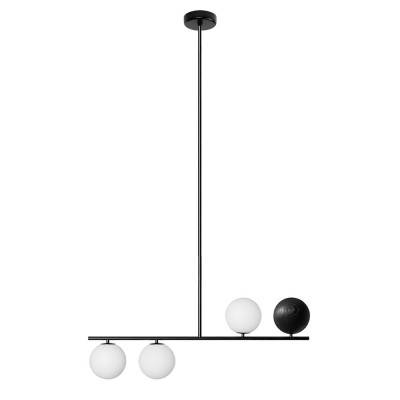 Lampa sufitowa Suguri B w rozmiarze L czarna na rurce z drewnianą kulą i białymi szklanymi kloszami UMMO