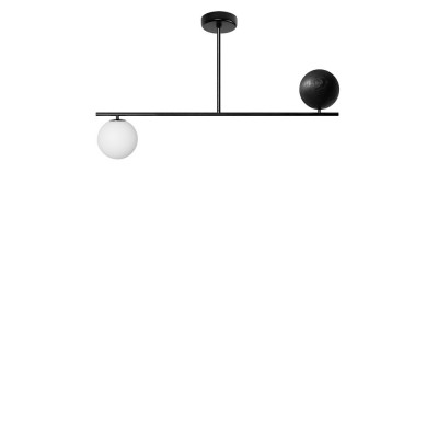 Lampa sufitowa Suguri D w rozmiarze S czarna na rurce z drewnianą kulą i białym szklanym kloszem UMMO