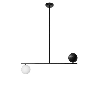 Lampa sufitowa Suguri D w rozmiarze L czarna na rurce z drewnianą kulą i białym szklanym kloszem UMMO