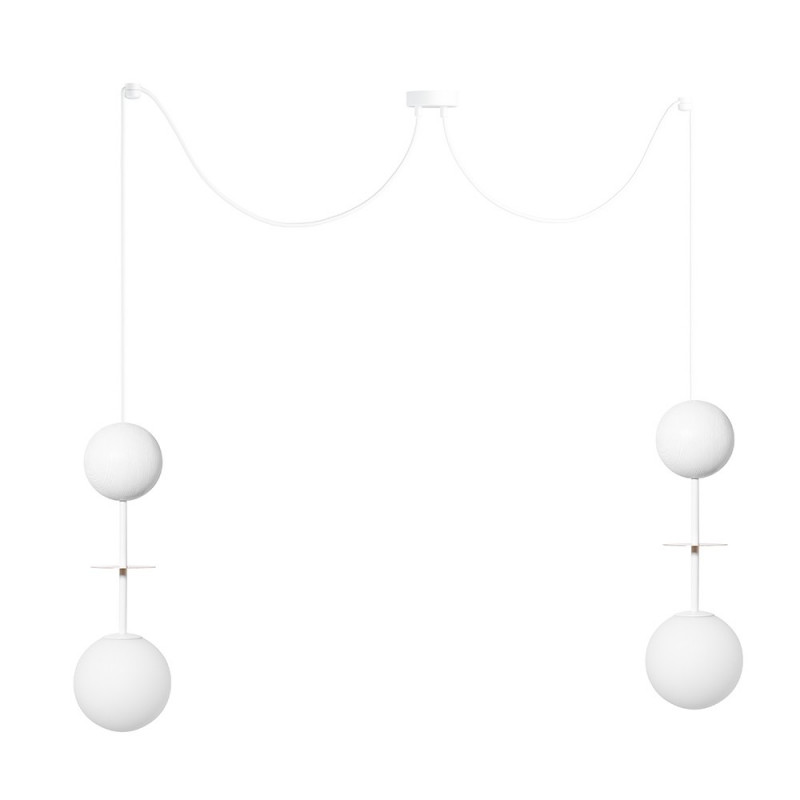 Double hanging lamp OIO A2 white with a wooden ball and a decorative brass element UMMO