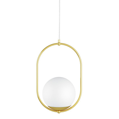 The ceiling pendant lamp KOBAN B with a golden oval brass frame and a white glass shade UMMO