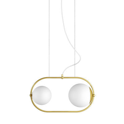 Double ceiling pendant lamp KOBAN A with golden oval brass frame and white glass shades UMMO