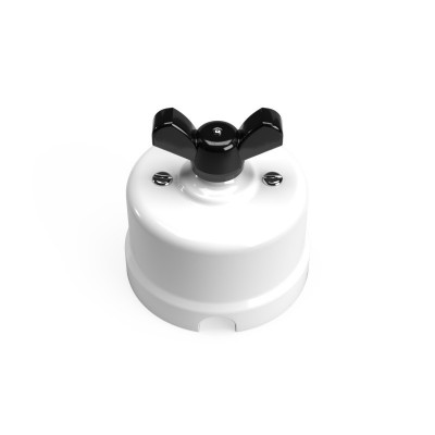 Biały porcelanowy włącznik jednobiegunowy z czarną nakrętką motylkową - natynkowy Creative-Cables