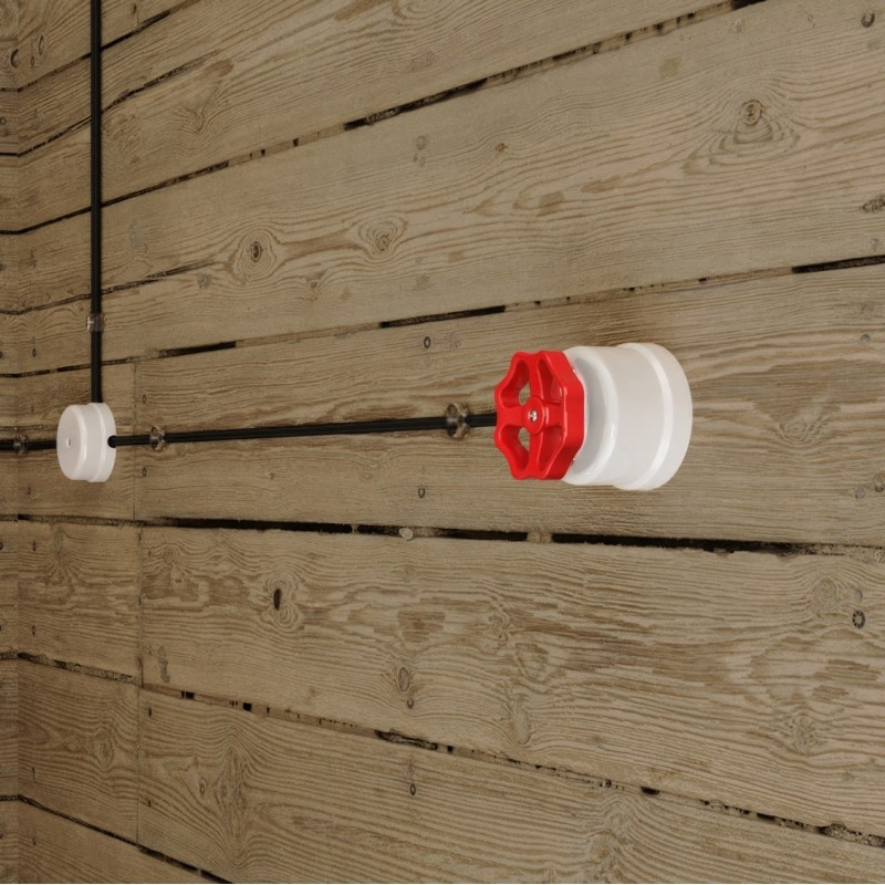 White porcelain single-pole switch with red knob - surface-mounted Creative-Cables.