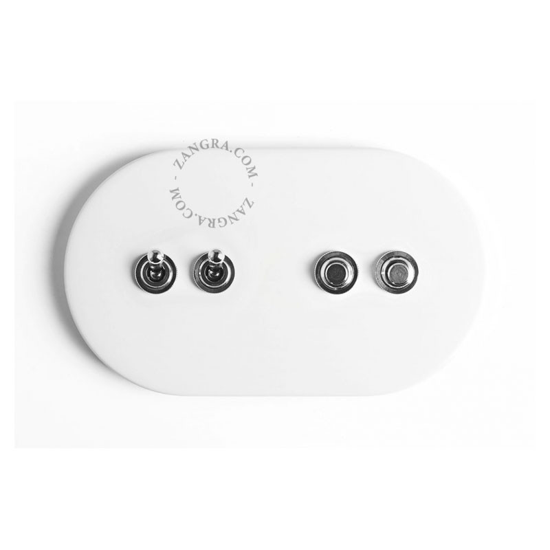 Biały metalowy włącznik dwubiegunowy 041.w.012.014 z dźwigniami i przyciskami z mosiądzu niklowanego Zangra