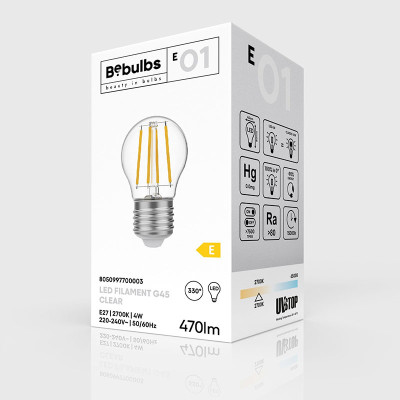 Przezroczysta żarówka LED E-Line kulka G45 E27 4W 2700K 470lm Bebulbs