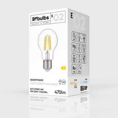 Transparent bulb LED E-Line classic shape A60 E27 4W 2700K 470lm Bebulbs