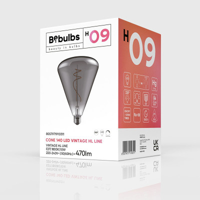 Black bulb LED H-Line Cone 140 E27 10W 1800K 470lm dimmable Bebulbs