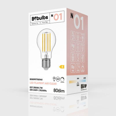 Transparent bulb LED N-Line classic shape A60 E27 7W 3500K 806lm dimmable Bebulbs