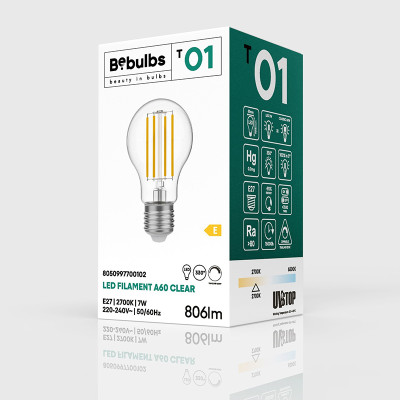 Przezroczysta żarówka LED T-Line klasyczny kształt A60 E27 7W 2700K 806lm ściemnialna Bebulbs