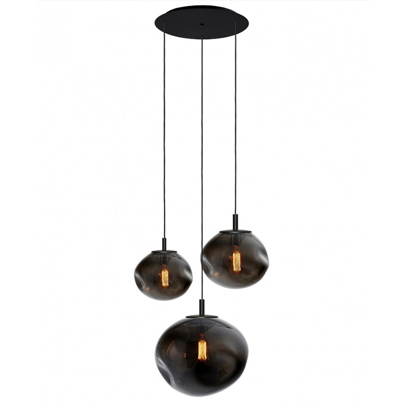 Potrójna szklana lampa wisząca Avia Black Plafon 3 z dymionymi nieregularnymi kloszami czarny KASPA