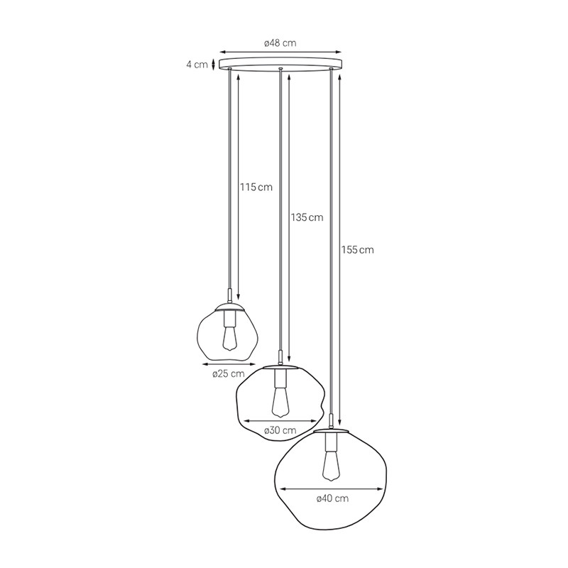 Potrójna szklana lampa wisząca Avia Black Plafon 3 z dymionymi nieregularnymi kloszami czarny KASPA