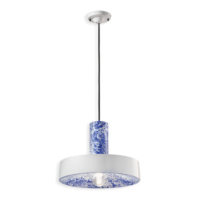 PI Ming Blu ceramic hanging lamp with a round shade blue and white Ferroluce