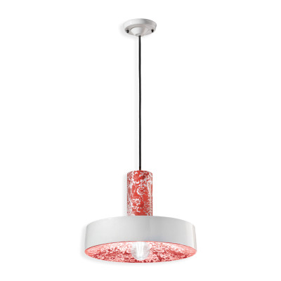 PI Ming Rosso ceramic hanging lamp with a round shade red and white Ferroluce