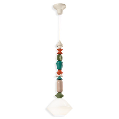 LARIAT Bianco Latte 9 ceramic pendant lamp with coloured beads and white shade Ferroluce