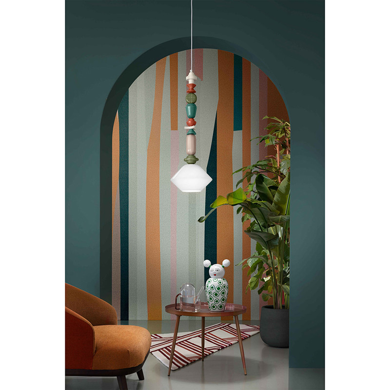 LARIAT Bianco Latte 9 ceramic pendant lamp with coloured beads and white shade Ferroluce