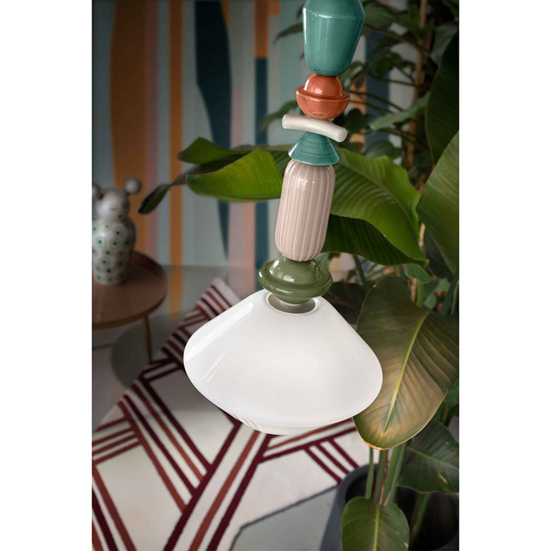 LARIAT Bianco Latte 9 ceramic pendant lamp with coloured beads and white shade Ferroluce