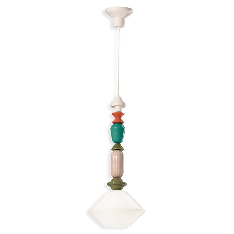 Ceramiczna lampa wisząca LARIAT Bianco Latte 6 z kolorowymi koralikami i białym kloszem Ferroluce