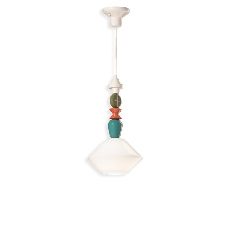 Ceramiczna lampa wisząca LARIAT Bianco Latte 4 z kolorowymi koralikami i białym kloszem Ferroluce