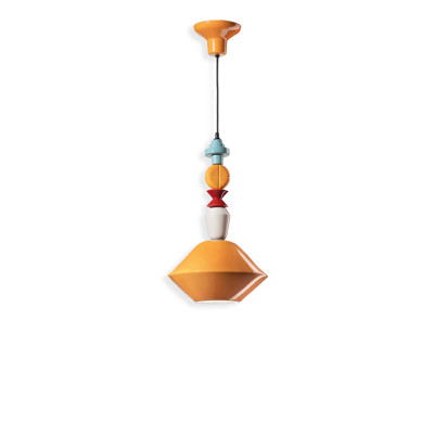 Ceramiczna lampa wisząca LARIAT Giallo 4 z kolorowymi koralikami i pomarańczowym kloszem Ferroluce