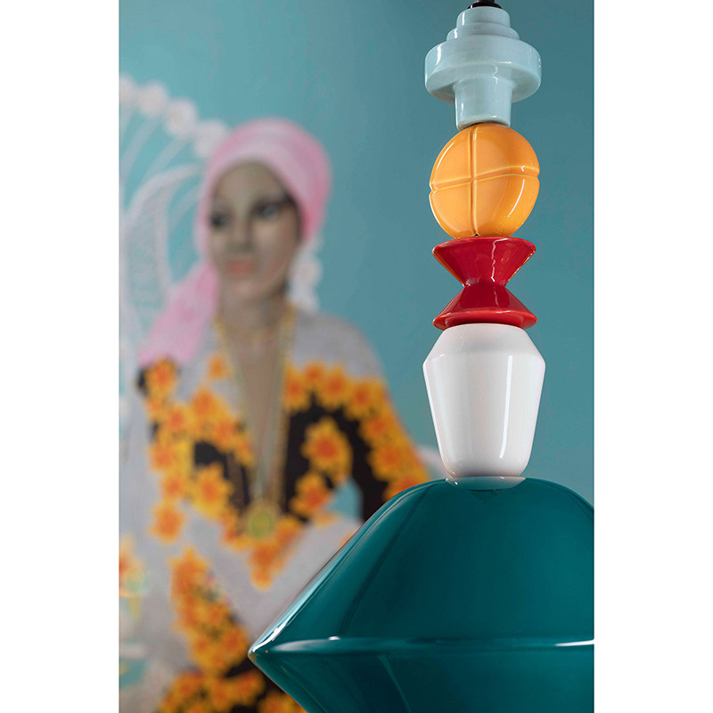 LARIAT Giallo 4 ceramic pendant lamp with coloured beads and orange shade Ferroluce
