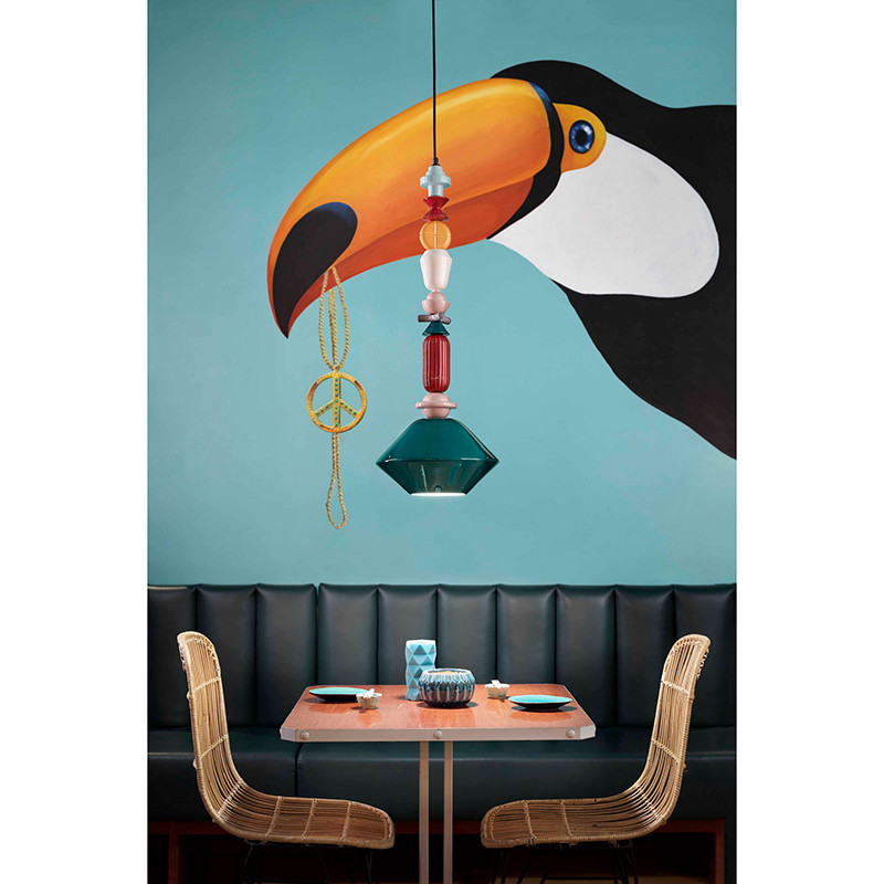 LARIAT Verde Petrolio 9 ceramic hanging lamp with colorful beads and a turquoise lampshade Ferroluce