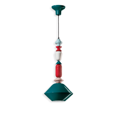 LARIAT Verde Petrolio 6 ceramic hanging lamp with colorful beads and a turquoise lampshade Ferroluce