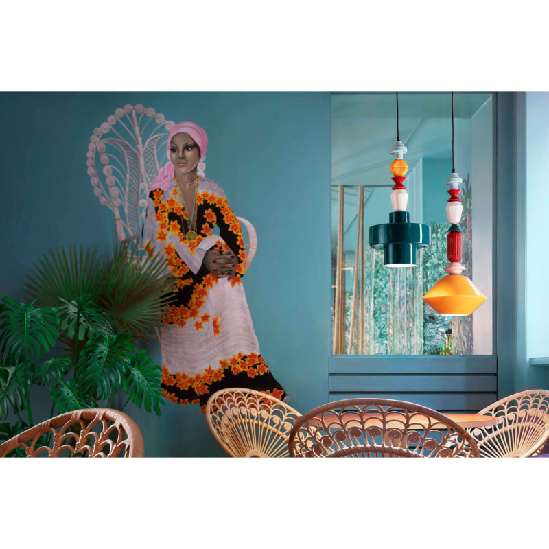 LARIAT Giallo 6 ceramic pendant lamp with coloured beads and orange shade Ferroluce