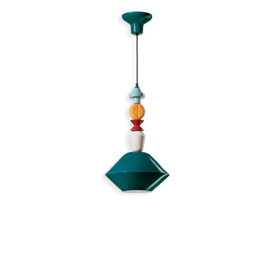 LARIAT Verde Petrolio 4 ceramic hanging lamp with colorful beads and a turquoise lampshade Ferroluce