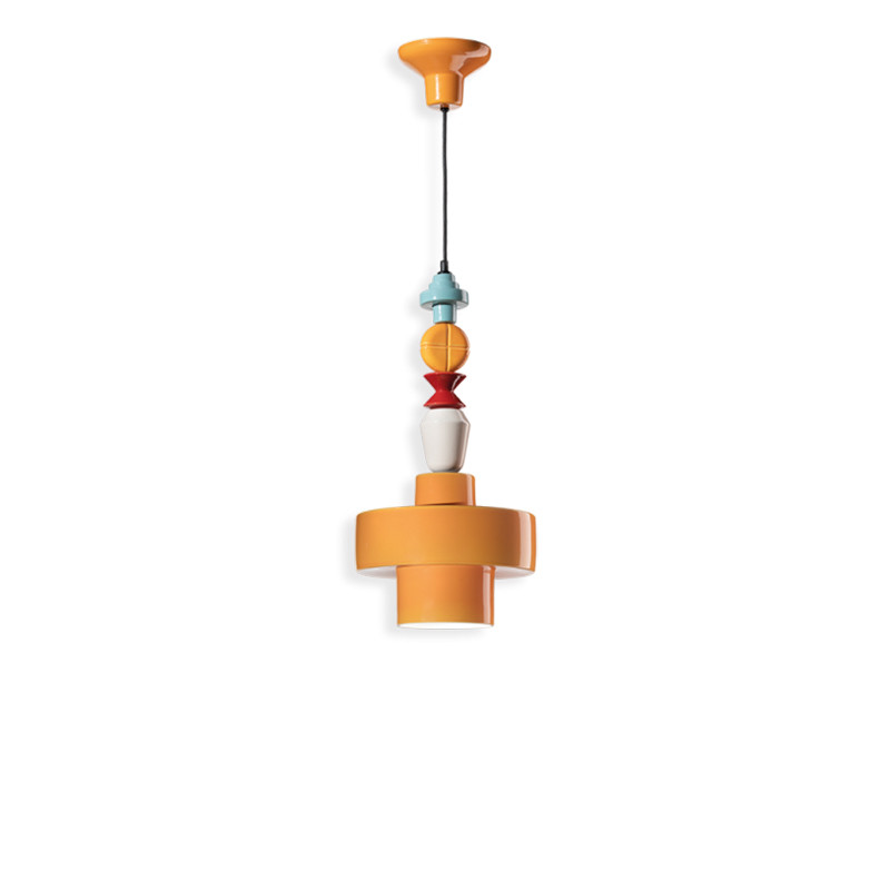 LARIAT I Giallo 4 ceramic pendant lamp with colorful beads and an orange cylindrical lampshade Ferroluce