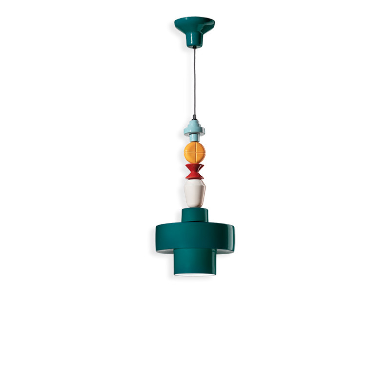LARIAT I Verde Petrolio 4 ceramic hanging lamp with colorful beads and a turquoise cylindrical lampshade Ferroluce
