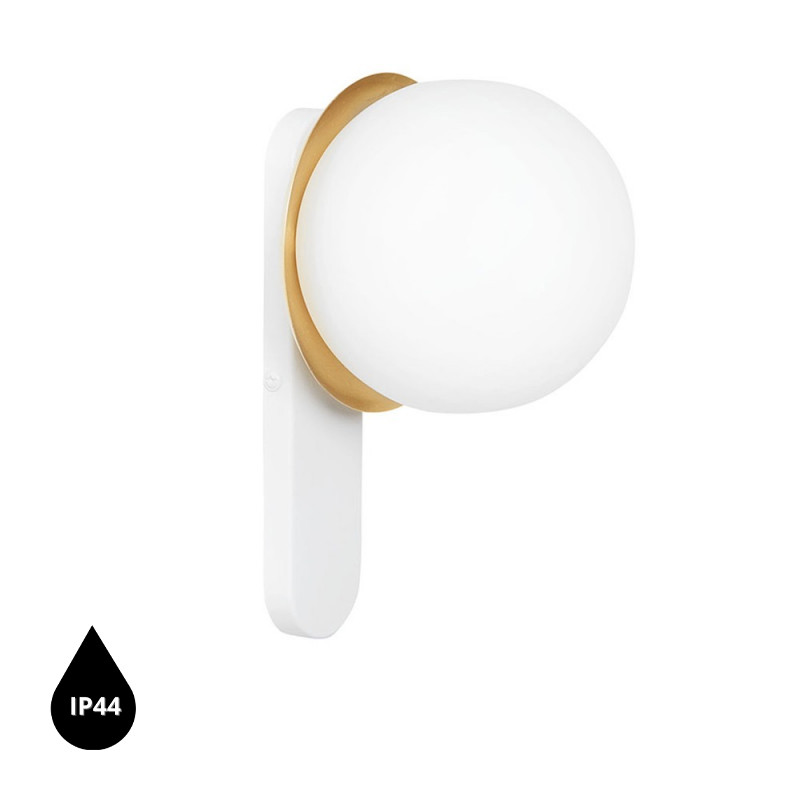 copy of KUUL D wall lamp sconce with brass detail, white wall mount with a white glass ball IP44 UMMO