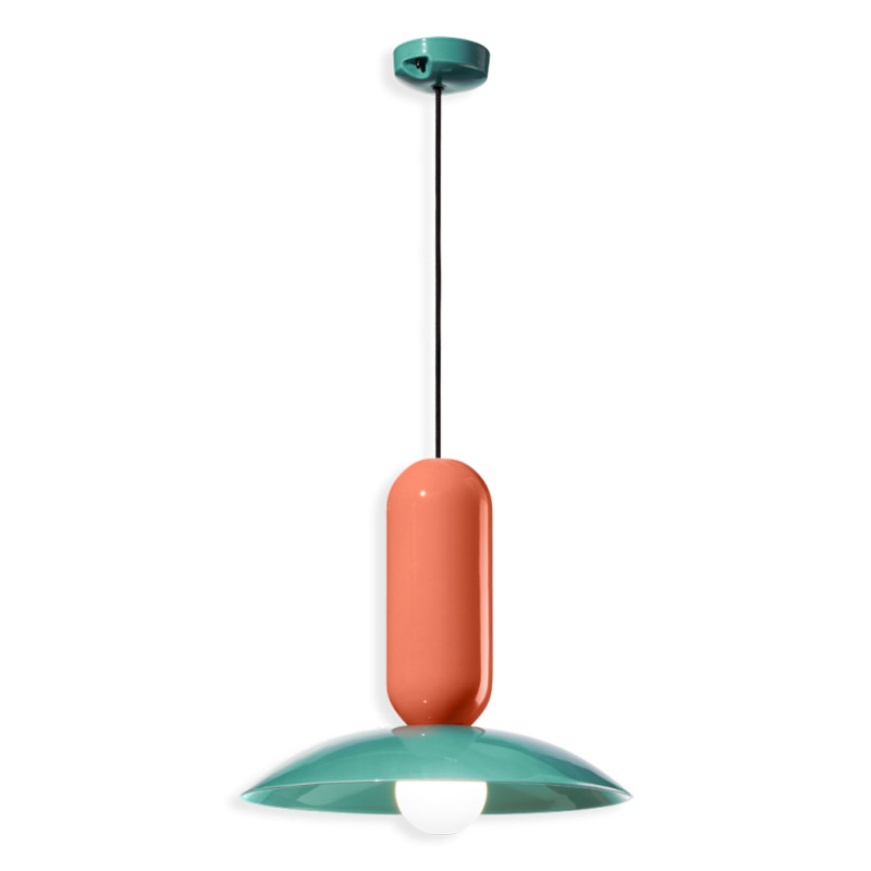 PAU Turchese + Arancio Poke ceramic hanging lamp with a turquoise lampshade Ferroluce