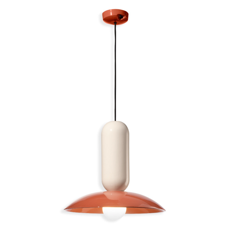 PAU Arancio Poke + Crema ceramic hanging lamp with a orange lampshade Ferroluce
