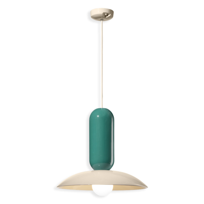 PAU Crema + Turchese ceramic hanging lamp with a cream lampshade Ferroluce
